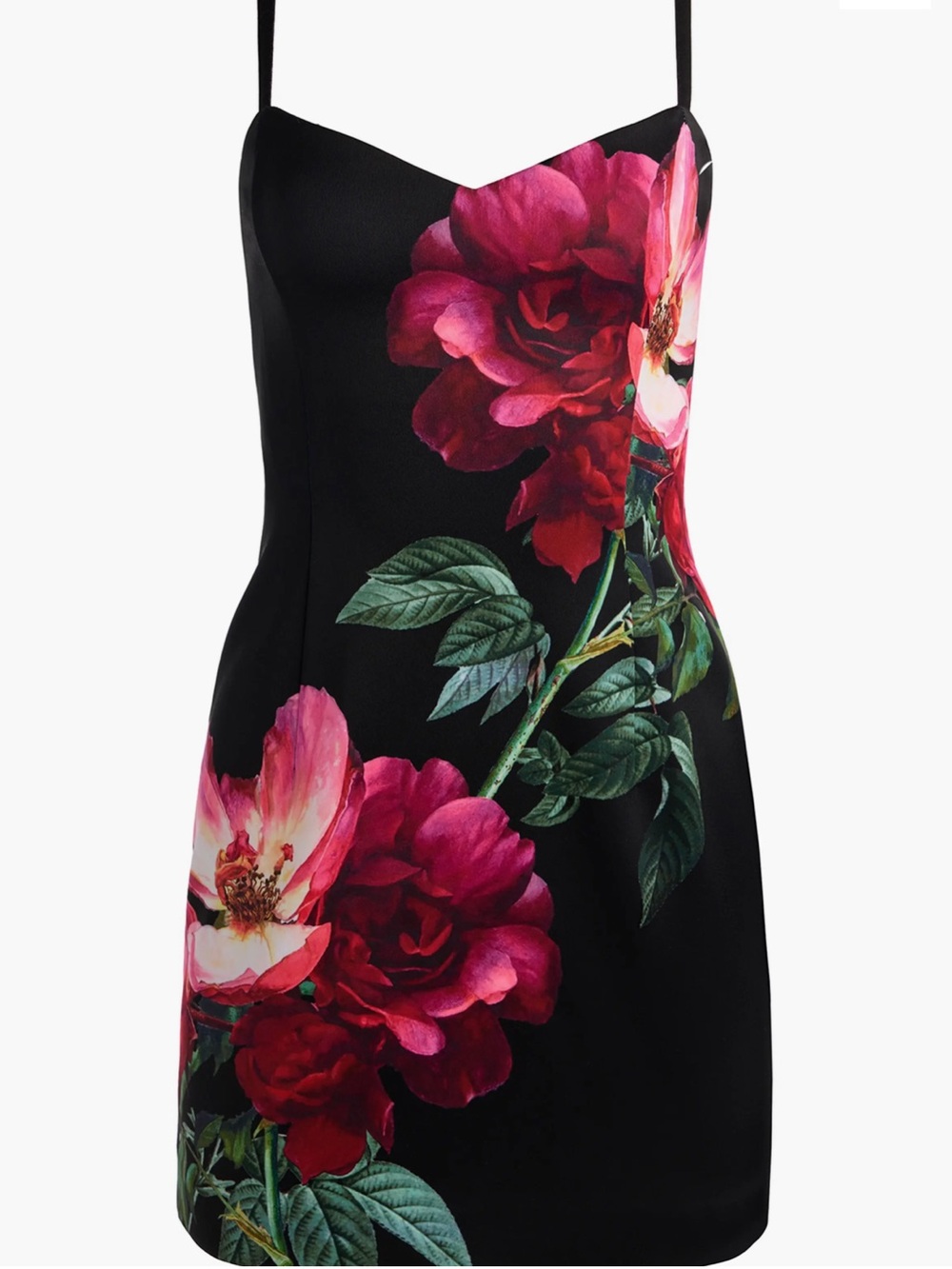 Nina Sweetheart Spaghetti Strap Mini Dress in
Empress Bloom Black
Alice + Olivia